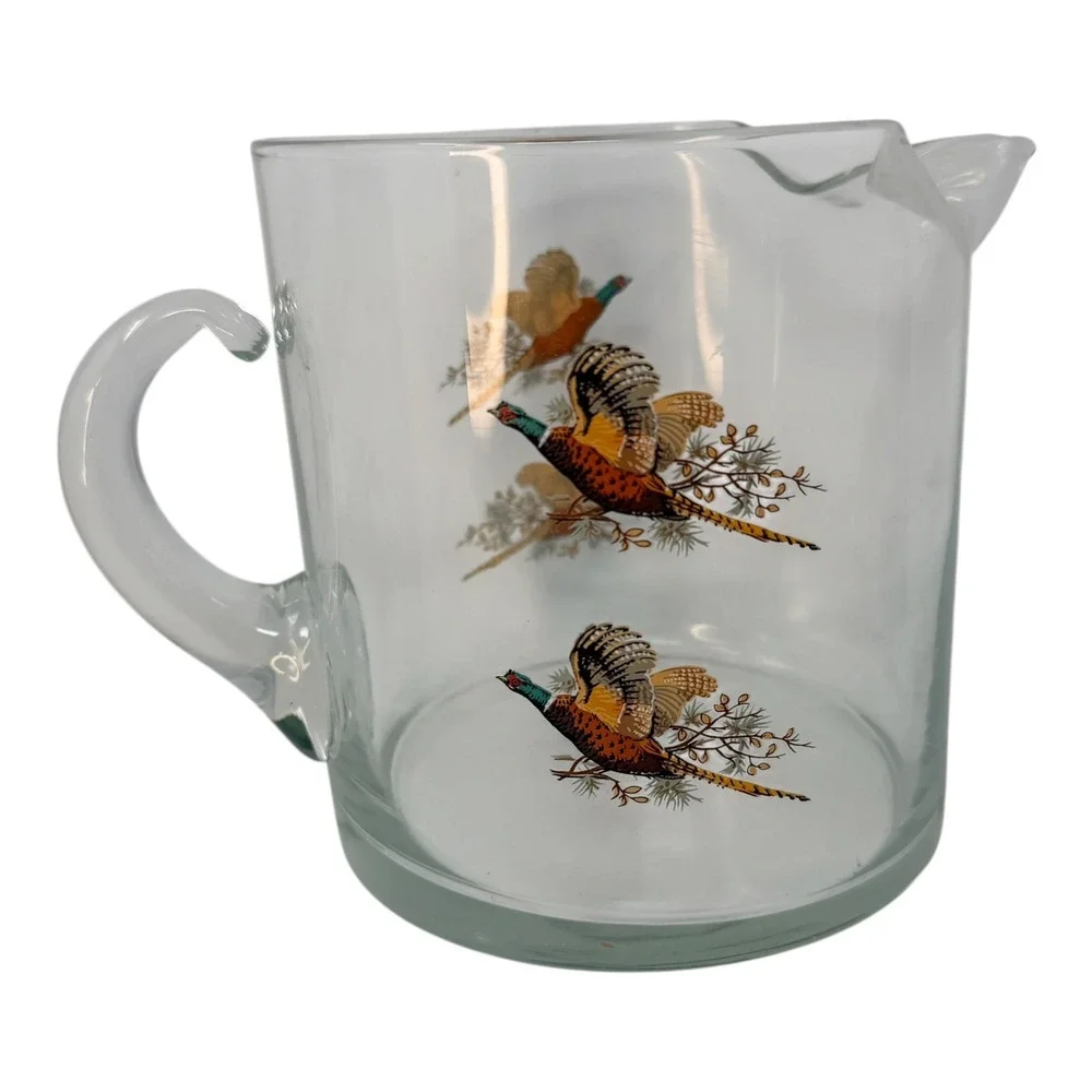 West Virginia Glass Pheasant Cocktail Pitcher 1960s Glass Clear 5.25in Ice Lip